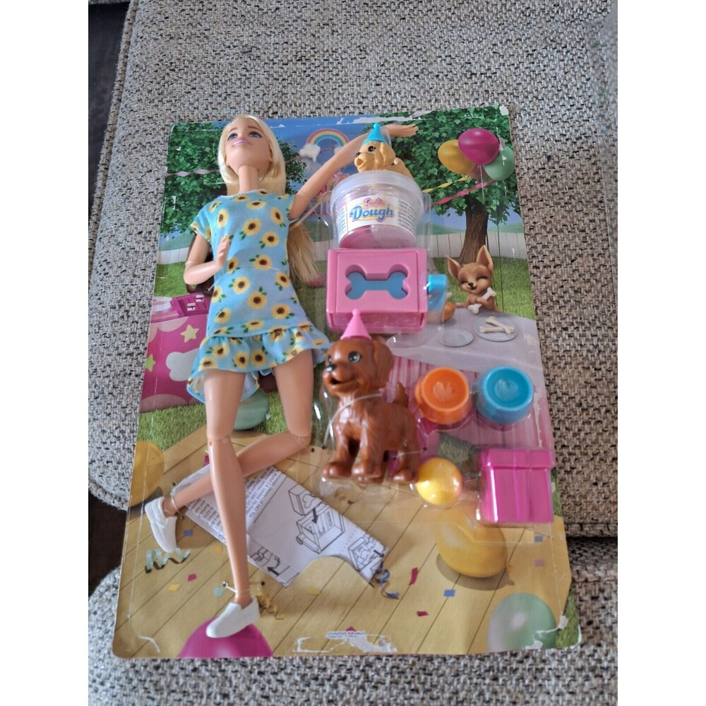 BARBIE  Doll And Puppy Party Play ‎ Set Skin Sunflower Blue Dress  3+ Open Box